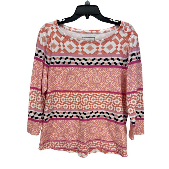 Charter Club Petite XL Printed Boho Top Pink Orange 3/4 Sleeve Cotton Blend - Picture 1 of 8